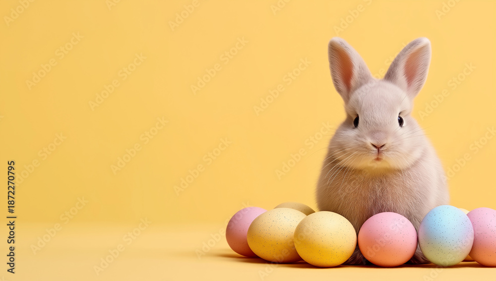 Fototapeta premium Cute Bunny With Easter Eggs On Yellow Background rabbit