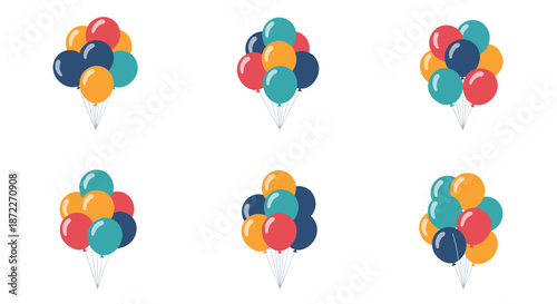 Collection of six different colorful balloon bunches in various arrangements for birthday parties and festive celebrations on a white background.