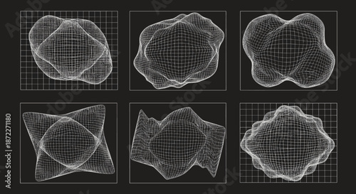 Set of abstract geometric wireframe 3D shapes on a black background showing complex mesh structures and glowing white lines for technology design.