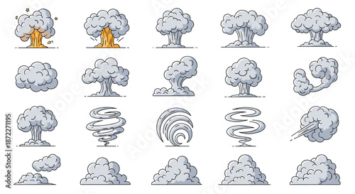 Collection of various cartoon smoke, fire explosions, mushroom clouds, and wind swirl effects for animation and comic book design.