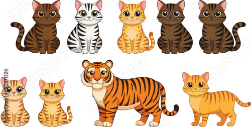 Cute domestic and wild cat character set featuring kittens tabby tiger cartoon animal mascot vector illustration