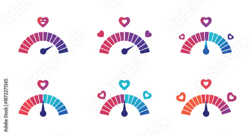 Set of six gauge meters with needles pointing to different levels and heart icons on top representing love and emotion intensity.