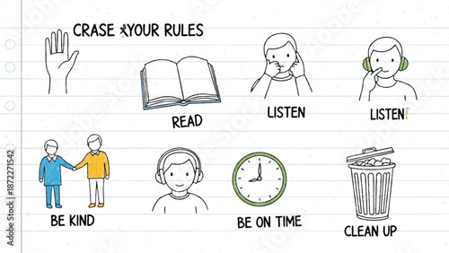 School rules doodle drawings set hand drawn cartoon style creative illustration concept for education projects