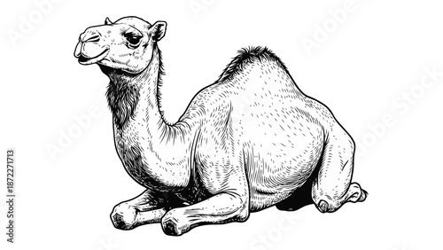 A camel sitting in a serene desert landscape, viewed from the side, showcasing its resting posture and majestic appearance