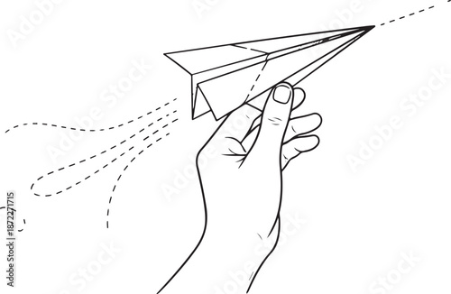 A hand launching a folded paper airplane sending message communication travel freedom business concept illustration