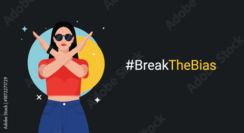 Woman with sunglasses crossing her arms in the Break The Bias gesture for International Women's Day on a dark background.