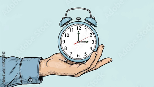 A hand holding analog alarm clock showing time management scheduling punctuality productivity deadlines illustration