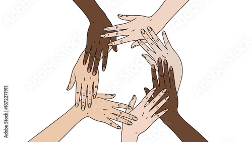 Diverse group of hands joined together in circle symbolizing unity teamwork support and connection