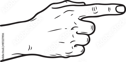 Hand pointing with index finger indicating direction or emphasis gesture drawn in outline on transparent background