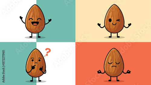 Set of four cartoon almond characters showing various emotions including happy winking thinking and meditating for healthy snack design.