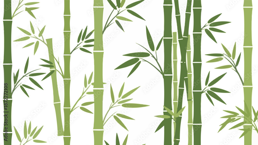 Fototapeta premium Green bamboo forest on white background with tall stalks and leaves, natural plant pattern flat vector illustration