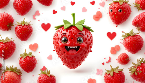 Wallpaper Mural Happy strawberry character surrounded by a pattern of red berries and pink hearts, 3D vibrant fruit background Torontodigital.ca