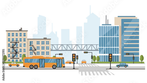 City street landscape with public transport, cars, buildings, and traffic lights, urban scenery flat vector illustration