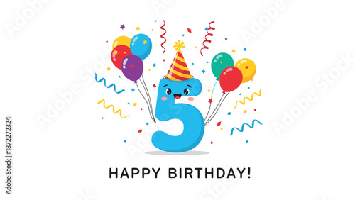 Colorful fifth birthday celebration design with a cute blue number five character wearing a party hat surrounded by balloons and confetti.