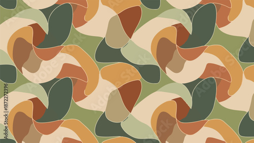 Modern camouflage seamless pattern with wavy organic shapes in earth tones olive green brown and beige colors