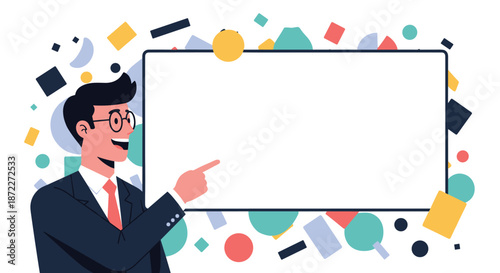Cheerful businessman in glasses pointing enthusiastically at a blank white board surrounded by colorful abstract geometric shapes.