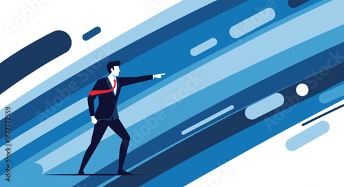 Determined businessman pointing forward against a dynamic blue abstract background symbolizing leadership vision and future direction.