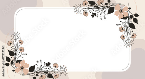 Elegant rectangular frame with rounded corners decorated with delicate floral arrangements in a muted color palette for invitations.
