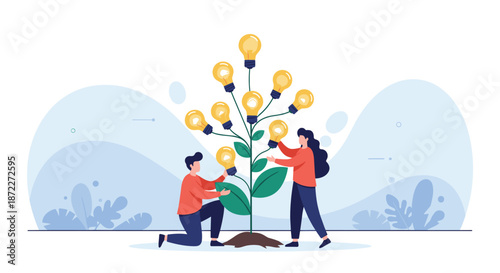 Man and woman nurturing a growing tree of lightbulbs symbolizing teamwork collaboration and the growth of new creative ideas.