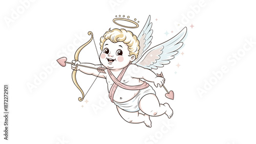 Adorable cherub with bow and arrow spreading love and joy freely