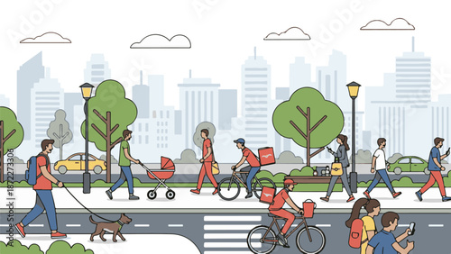 People walking on city street with buildings cars and trees urban lifestyle concept outdoor scene active adults