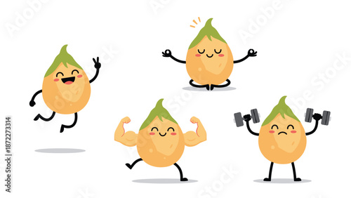 Set of cute chickpea cartoon characters performing different fitness activities including jumping, meditating, flexing, and lifting weights.