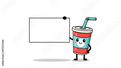 Friendly soda cup cartoon character with a straw holding a blank white sign for customized text against a plain white background.