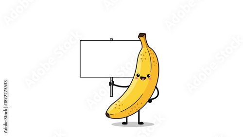 Cute yellow banana cartoon character with tiny arms and legs holding a blank white sign for your text on a white background.