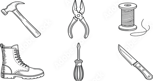 Vintage hand-drawn style illustration set featuring essential hand tools and utility items including a hammer, pliers, screwdriver, utility knife, work boot, and spool of thread.