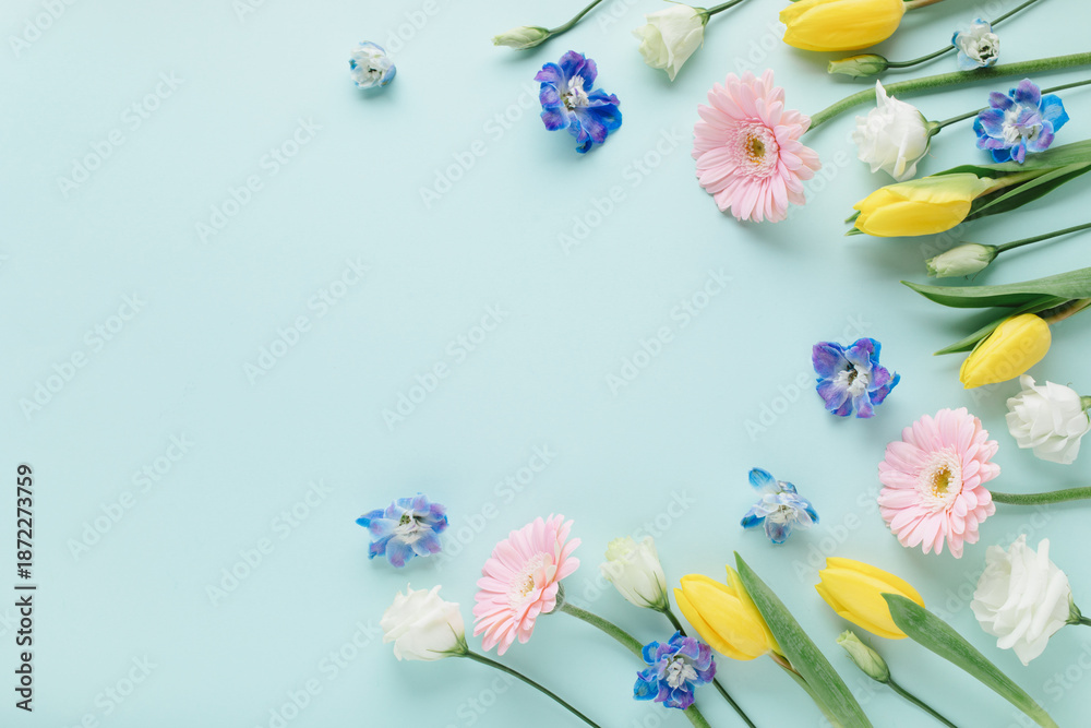 Fototapeta premium Bouquet of beautiful spring flowers on pastel blue table top view. Greeting card for International Women Day or Mother day. Flat lay.