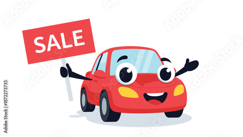 Cheerful red car cartoon character with large eyes holding a red sale sign for promotional automotive deals on a white background.