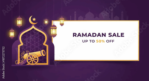 Ramadan Sale Promotion Banner with Cannon and Up to 50 Percent Off Discount