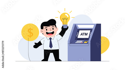 Successful businessman holding a glowing lightbulb idea next to a blue ATM machine to represent financial innovation and smart banking.