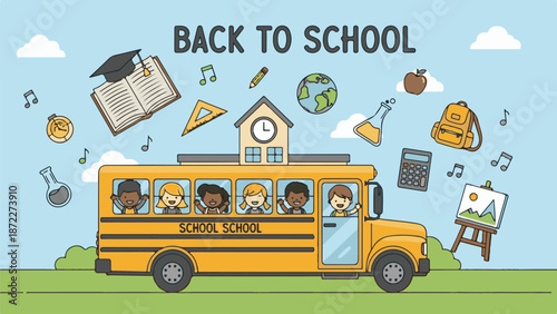 Back to school yellow bus full of happy children and school supplies on light blue sky background