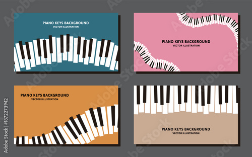 16:9の背景素材、4枚セット。ピアノの鍵盤のレトロなデザインのベクターイラストデータ