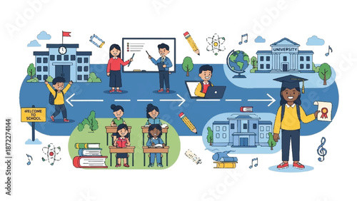 Student education path from school to university graduation, learning process and academic journey