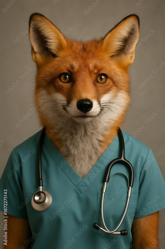 Obraz premium Fox wearing teal scrubs and a stethoscope, representing animal care, veterinary medicine, and professional healthcare