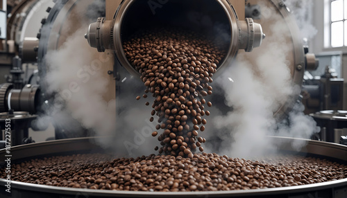 Coffee beans are being poured from a roasting machine into a large container, surrounded by steam and industrial equipment, showcasing the coffee roasting process in action