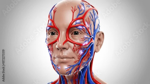 Anatomical Human Face Displaying Blood Vessels, Artery, Vein, Circulation of Blood Flow, Medical Visualization