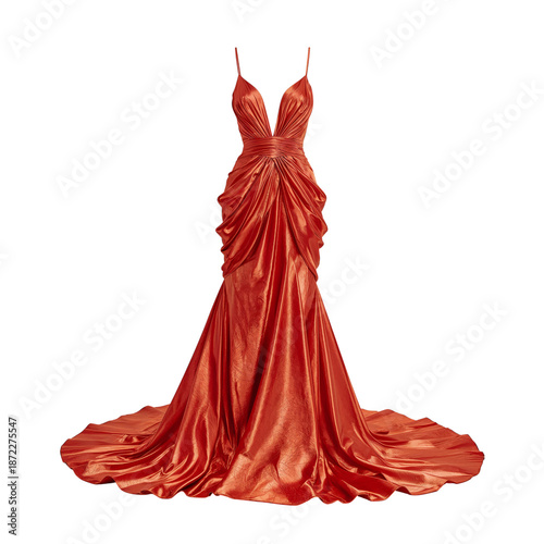 Elegant Red Dress With a Long Train and Draped Fabric for Formal Events in Br...