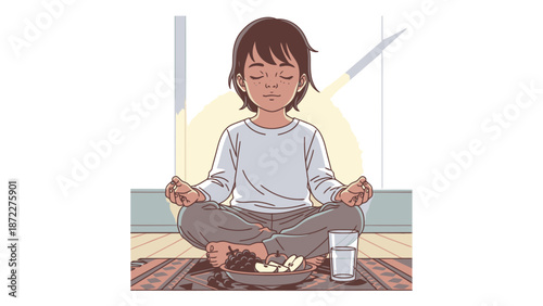 Young boy meditating peacefully on a rug