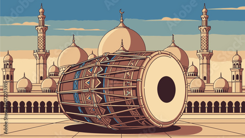 Traditional Indian Dhol Drum in Front of Mosque Illustration