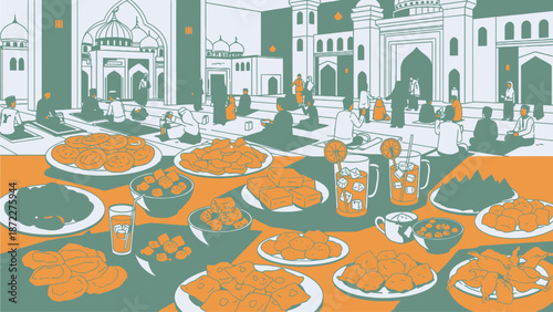 Ramadan Food and Prayer Gathering Illustration