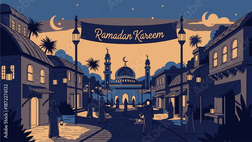Ramadan Kareem Greeting with Mosque Illustration