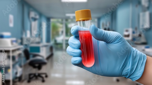 Close up of hand in blue glove holding urine sample with blood in laboratory