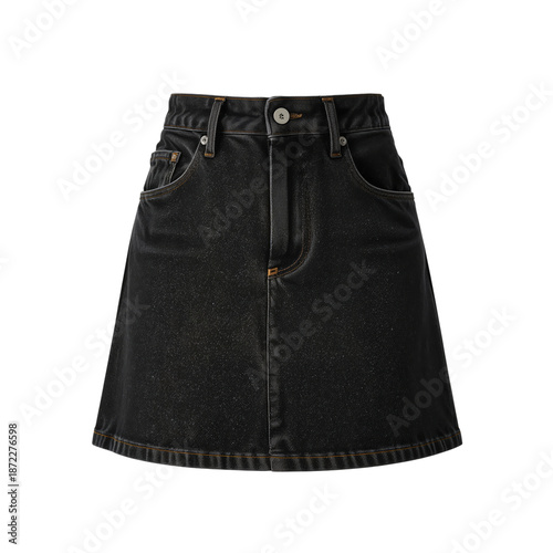 Black Denim Skirt With Frayed Hem Displayed on a Plain Background