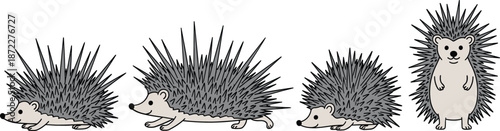 Cute hedgehog character set with walking crawling and standing poses cartoon forest animal vector illustration