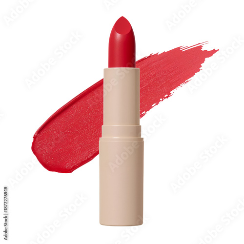 Bright Red Lipstick With a Swatch on a Plain Background Showing the Color and...