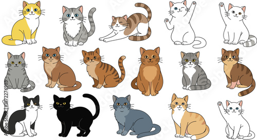 Large set of seventeen cute cartoon cats and kittens in various poses including sitting, stretching, and waving, adorable feline pet animal vector illustration.
