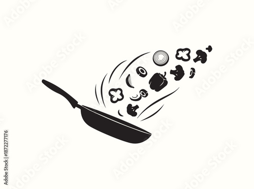 Isolated frying pan silhouette with vegetables flipping mid air, motion lines visible

